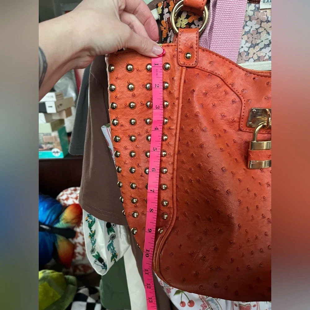 Expressions NYC Orange Faux Ostrich Studded Shoulder Bag Slightly Flawed - Picture 10 of 16
